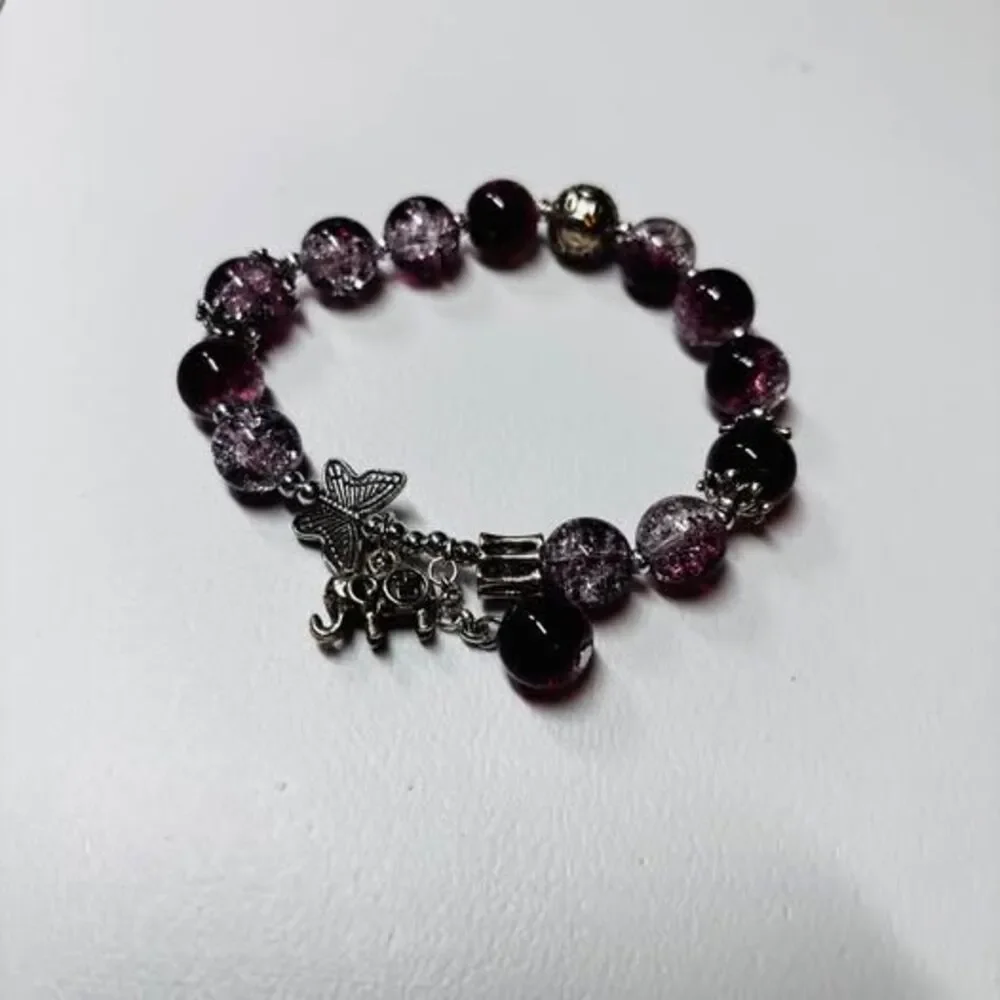 Pink & Magenta Crackle Glass Bead Charm Bracelet – Elephant & Butterfly